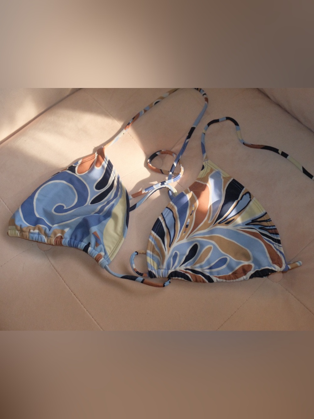 Swirl Print Triangle Bandeau Bikini Top in Blue, Brown & Cream